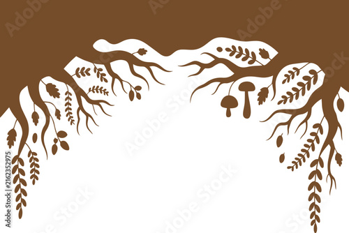 Natural decorative woodland border with hanging tree branches autumn leaves and mushrooms for creative frame design projects