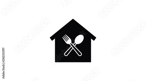 Restaurant building with crossed cutlery is a flat silhouette