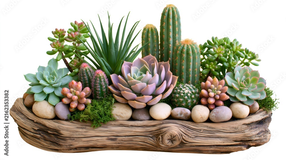 Fototapeta premium Succulent and cactus arrangement in a rustic driftwood planter