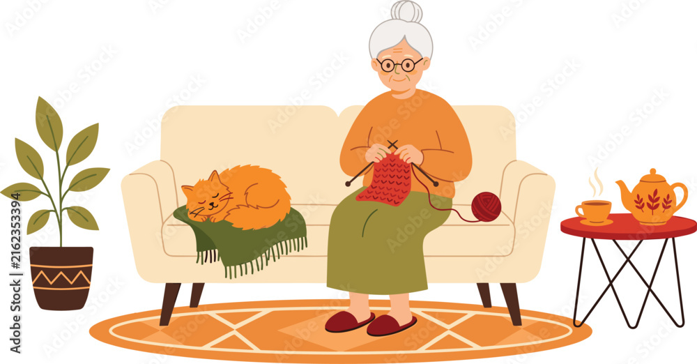 Fototapeta premium Cozy Home Leisure Vector Scene with Grandmother Knitting on Sofa beside Sleeping Cat and Hot Tea for Retirement Hobby Graphic Designs
