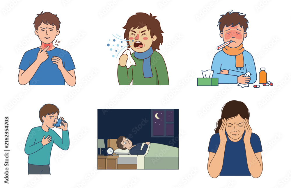 Fototapeta premium Set of vector illustrations featuring people suffering from various common illnesses and health symptoms