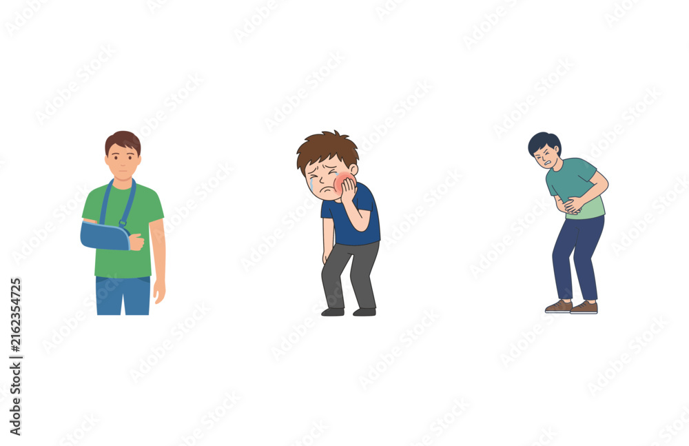 Fototapeta premium Vector illustration set of three men suffering from physical injuries and various health conditions