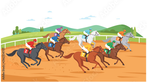 Horse racing, jockeys riding horses on racetrack, sports competition.