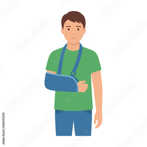 Bild auf Leinwand Flat vector illustration of a young man with a broken arm wearing a blue medical