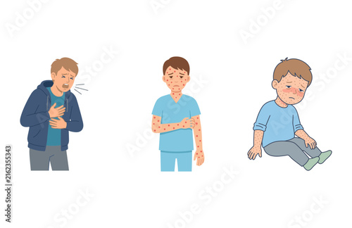 Фотография Vector illustration set of young boys showing various symptoms of illness and me