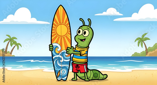 Joyful cartoon caterpillar embraces a vibrant surfboard on a sunny beach, ready for summer ocean waves and tropical fun.