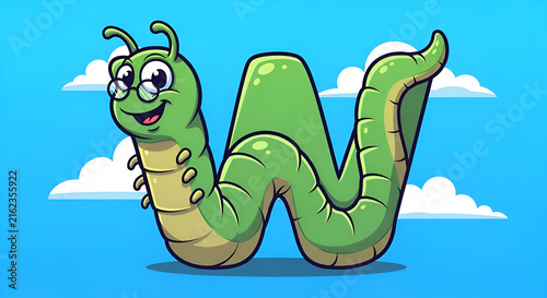 Cute cartoon caterpillar character forming the letter W against a bright blue sky with fluffy clouds, perfect for educational content and branding.