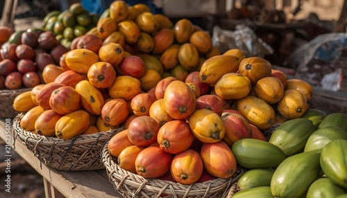 Fresh green unripe papayas arranged beside colorful ripe tropical fruits in woven baskets at an outdoor market, highlighting natural agricultural produce