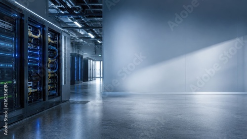 Modern Data Center Server Room With Network Infrastructure and Large Copy Space