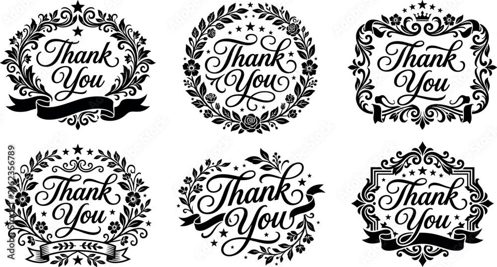 Fototapeta premium Thank you elegant hand lettering badge vector collection featuring luxury vintage frames floral wreaths roses ribbons and decorative stars