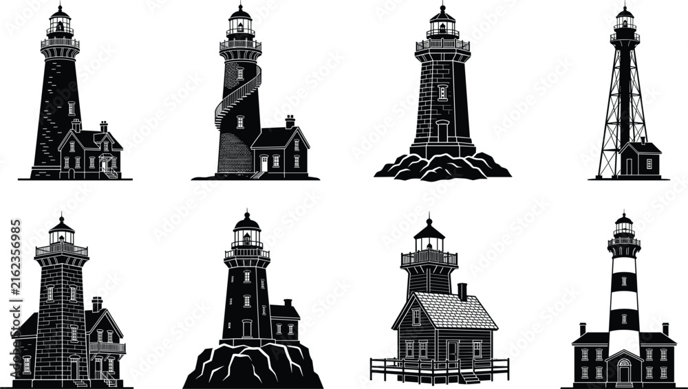 Obraz premium Black lighthouse silhouette collection featuring coastal towers beacon houses and maritime architecture
