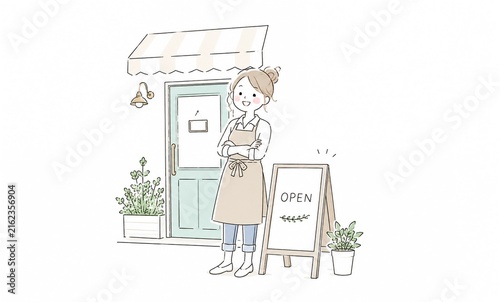 「OPEN」の看板を掲げた店舗前で腕を組んで笑顔を見せる女性店主のイラスト