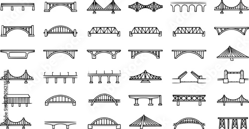 Bridge Structure Outline Icon Set. Collection of structural elements line icons, including bridge structure, structural element shapes, and more. Editable stroke.