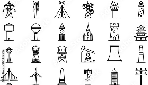 Tower Structure Outline Icon Set. Collection of structural elements line icons, including tower structure, structural element shapes, and more. Editable stroke.