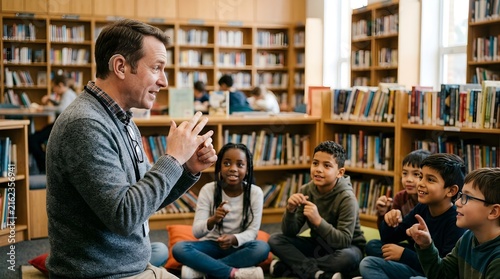 Male teacher with hearing aid teaching sign language to diverse children in library