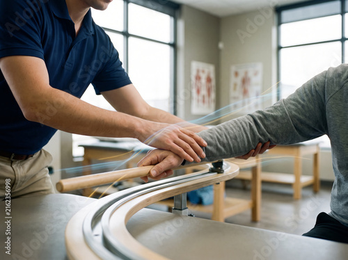 Physical therapist guiding patient during arm rehabilitation exercise on curved track.