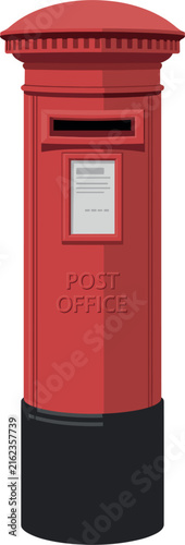 Traditional British red post box vector illustration, vintage United Kingdom mail pillar box on white background