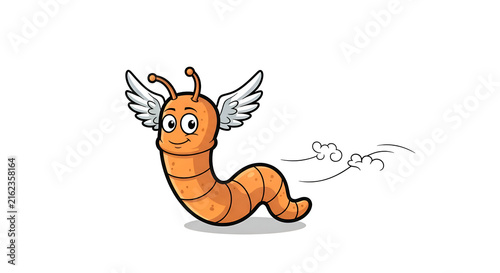 Adorable cartoon worm with wings soaring through the air, leaving a trail of whimsical swirls for children's books and playful designs