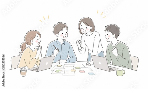 アイデアを出し合い活発に議論するビジネスチームの会議風景イラスト