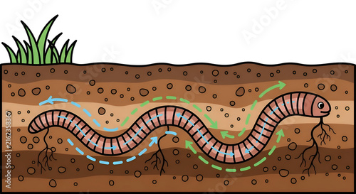 Worm composting illustration shows improving soil aeration and water drainage with earthworm movement, perfect for educational or agricultural materials