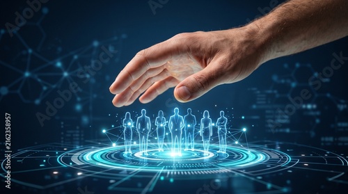Human Resources and Technology Integration with a Futuristic Hand Overseeing a Digital Network of People