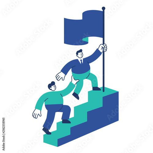 Professional business partners climbing stairs together as they hoist a blue flag to achieve success