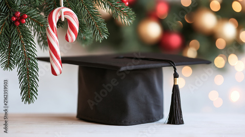Graduation cap with candy cane beneath evergreen branch and festive holiday lights creating joyful seasonal education scene