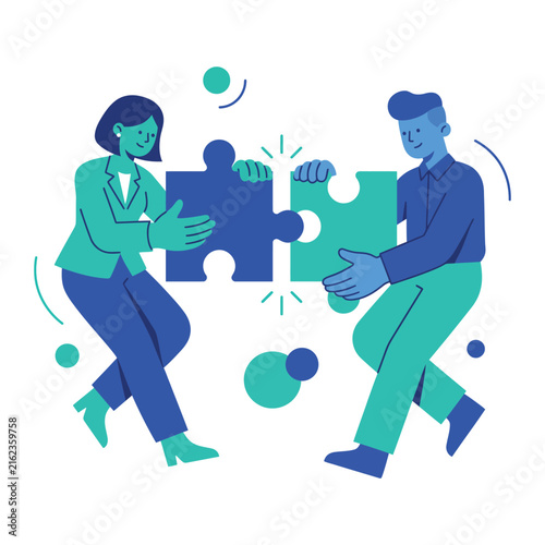 Professional business partners connecting puzzle pieces together in this modern minimalist flat vector graphic design illustration