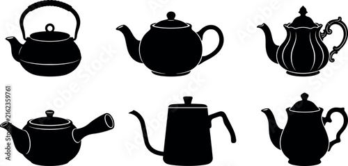 Photography Vintage teapot and kettle silhouette icons vector set featuring traditional ceramic teapots gooseneck kettle and classic porcelain teaware