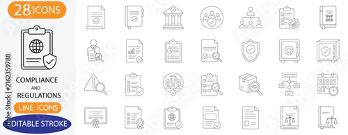 Compliance and Regulations Line Icons. Vector Corporate Governance, Legal Standard, and Audit Policy Symbols with Editable Stroke.