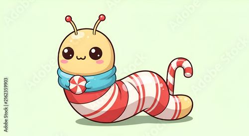 Adorable candy cane worm cartoon character holding a sweet treat, perfect for holiday greeting cards, children's books, and festive marketing materials