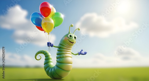 Cheerful cartoon caterpillar with balloons, perfect for children's designs, birthday invites, and springtime celebrations bringing joy and whimsical fun