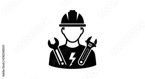 Construction worker with tools icon, isolated on white
