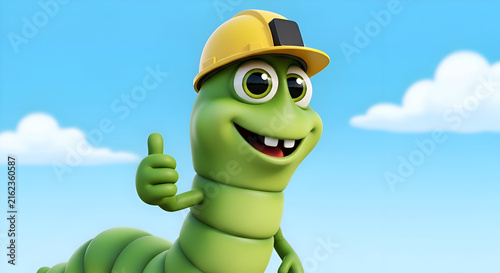 Cheerful construction worm giving thumbs up against blue sky, perfect for kids' products, educational materials, and playful branding initiatives