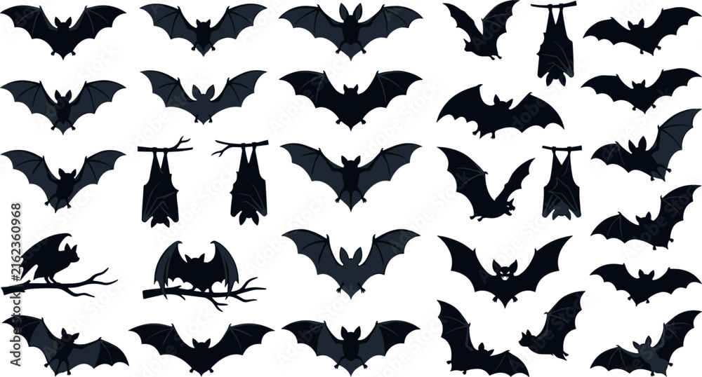 Fototapeta premium Spooky halloween flying bat silhouette vector icon set featuring dark monochrome vampire shapes hanging upside down sitting on branches and wings spread for gothic party decoration