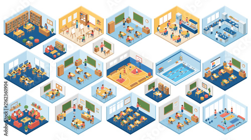 Isometric school classroom room interior education set design.