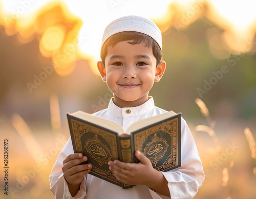 Obraz na płótnie Young boy in traditional attire reading Quran outdoors at sunset.