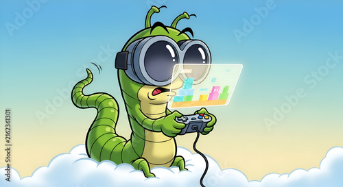 Experience thrilling cloud gaming with this adorable cartoon worm character, perfect for adding fun to your gaming content and designs, or imaginative stories!