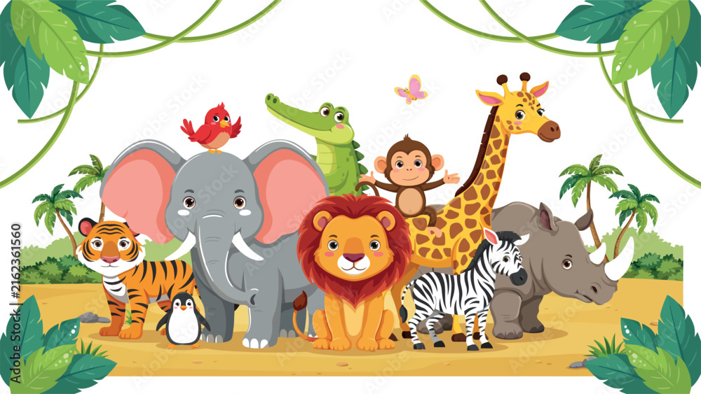 Obraz premium Cute Cartoon Wild Jungle Animals Group Vector Illustration with Elephant Lion Tiger Giraffe and Zebra for Kids Education Wallpaper and Party Banners