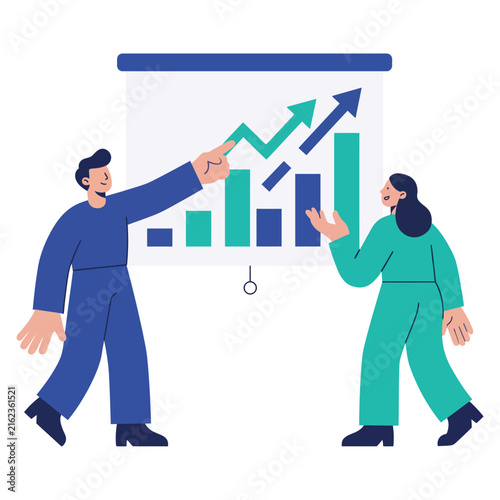 Professional business team analyzing rising growth charts on a digital whiteboard flat vector graphic illustration style