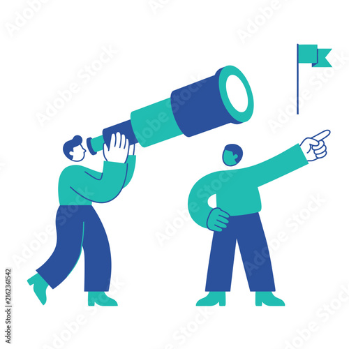Professional team members using a telescope for strategic vision and finding goals in flat vector design