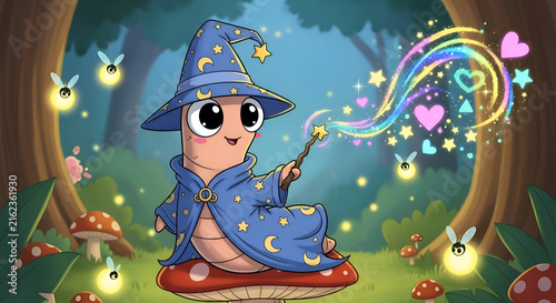 Enchanting cartoon worm wizard casting a spell with fireflies in a whimsical forest, perfect for children's books or magical fantasy illustrations
