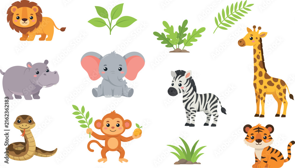 Naklejka premium Cute Jungle Animal Sticker Set with Adorable Cartoon Safari Characters and Tropical Green Leaves for Kids Illustration and Vector Graphic Designs