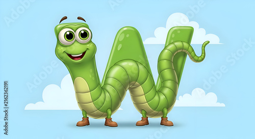 Adorable cartoon green worm shaped like the letter W against a blue sky, perfect for fun educational resources or whimsical children's designs
