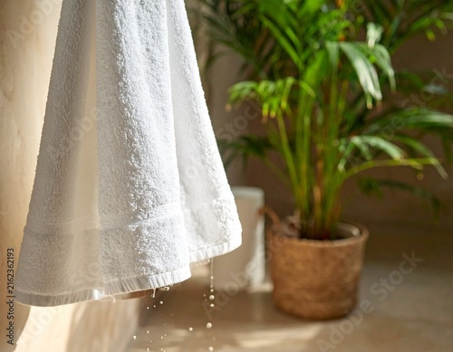 Fresh White Linen Towel Hanging on Wooden Hook in Sunlit Minimalist Bathroom Self Care and Spa Wellness Concept