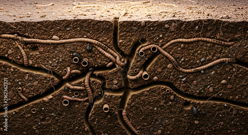 Explore the hidden world beneath our feet with a detailed view of earthworms and their tunnels in soil, perfect for educational resources and nature studies