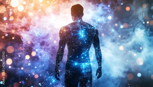 Futuristic digital man made of glowing stars and wireframe mesh with bright luminous eyes