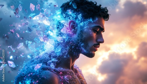 Side profile portrait of handsome man with face dissolving into glowing blue and purple crystal shards against sunset sky