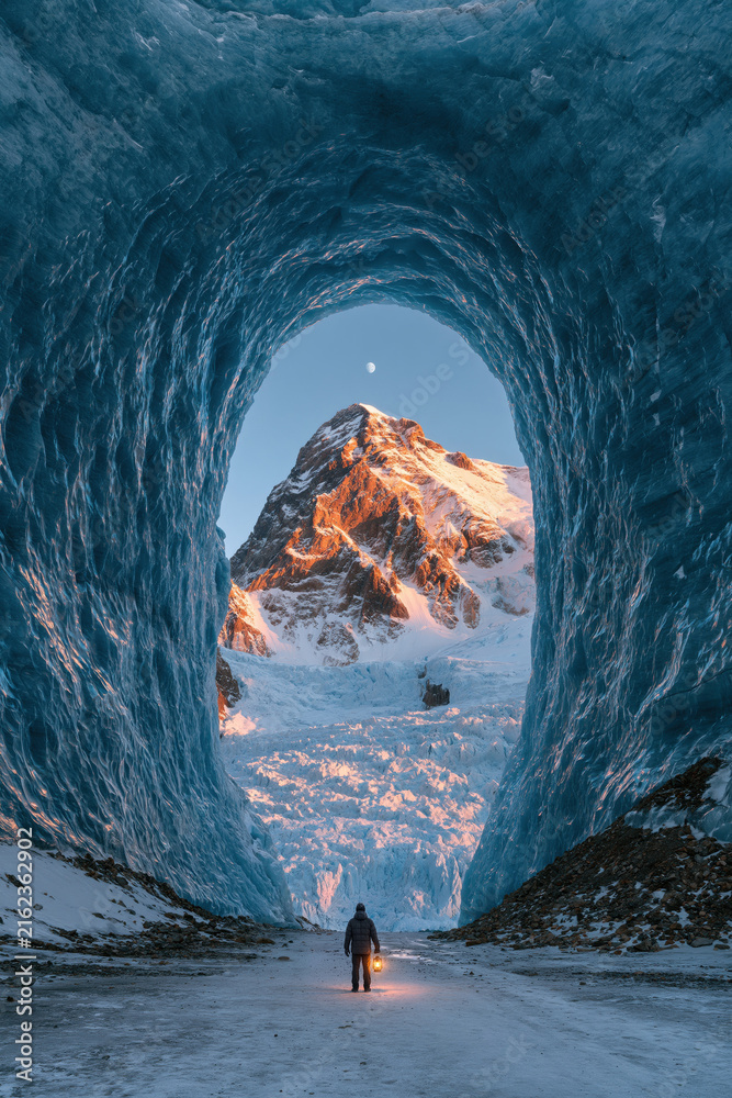 Obraz premium A person walks through an ice tunnel with large blue walls and a mountain in the background during sunset