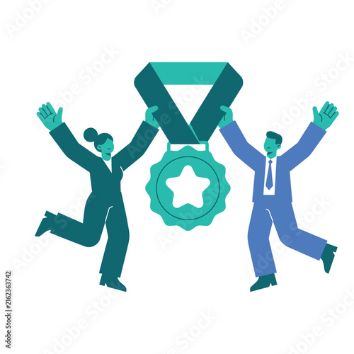 Professional business partners celebrating a gold medal victory with flat vector illustration style artistic design elements